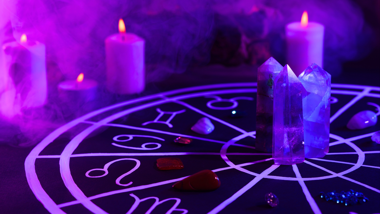 Cosmic Space Witch zodiac wheel with crystals and candles